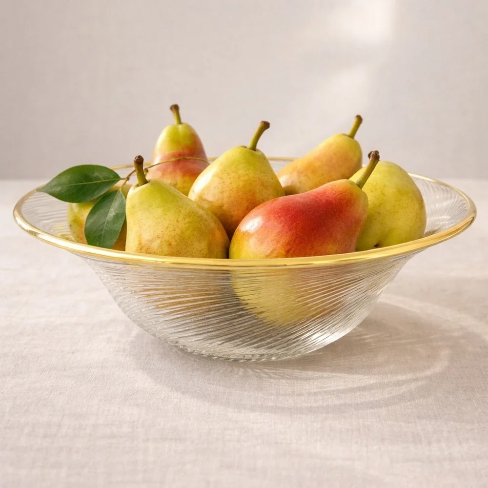 Vintage Murano-Style Spiral Optic‎ Glass Centerpiece Gold Rimmed Bowl, 12 Inches